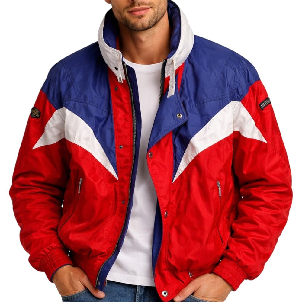 Vintage Descente Ski Snow Jacket 80s Zip Up Hidden Hood Colorblock Red Blue S